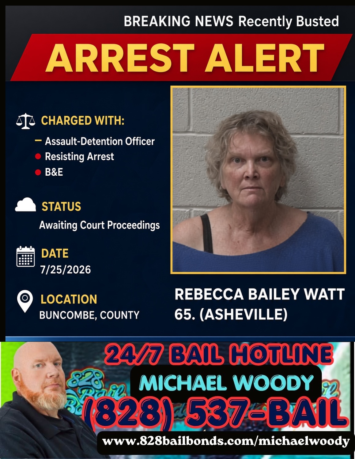 828 Bail Bonds advertisement on a Recently Busted Buncombe County arrest card
